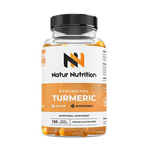 Cúrcuma Orgánica con BioPiperine + Jengibre. Alta concentración de cúrcuma en cápsulas de 745 mg de fácil absorción. Suplemento antiinflamatorio y antioxidante. 120 cápsulas veganas.