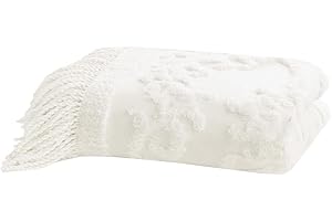 Madison Park Chloe 100% bawełna szenilowy wzór z frędzlami luksusowy elegancki elegancki koc narzuta na kanapę, łóżko, 127 x 152 cm, kość słoniowa