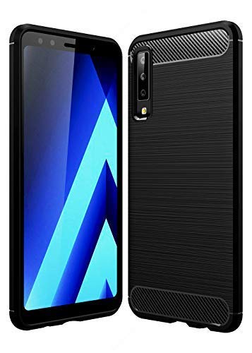 Plus® Carbon Fiber Brushed Texture Shockproof Back Case Cover for Samsung Galaxy A7 (2018) - Black