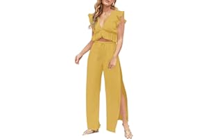 FANCYINN Femme Eté Tenue Deux pièces col V Profond Crop Top sans Manches et Pantalon à Fente latérale avec Cordon de Serrage Jumpsuit