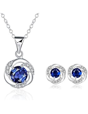 LDUDU® Schmuck Set mit Blauem Zirkon Damen Halskette + Ohrstecker Klassisch Design Anhänger Kettte Ohrringe versilbert...