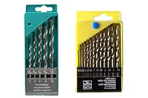 Oblivion Drill Bit Set of 13 for Wood, Malleable Iron, Aluminium, Plastic and Masonry with Set of 5 Pieces for Concrete and Brick Wall Drilling