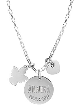 Gravado Halskette mit drei Anhängern aus Edelstahl – Runder Anhänger mit Herz und Engel – Personalisiert mit [...