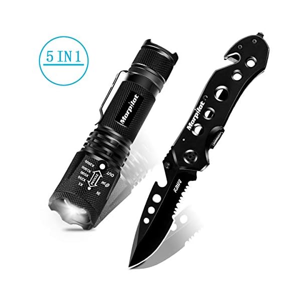 morpilot Klappmesser & Taschenlampe, 5 in 1 Taschenmesser Messer, Lampe mit 5 Licht Modi, 400lm, IPX4 Wasserfest, Klinge aus Edelstahl, für Freizeit, Camping, Wandern und Notfälle