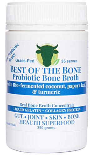 Probiotic Bone Broth Concentrate - Organic Grass-fed Beef with Bio-fermented coconut, papaya leaf and turmeric. All-natural grass-fed beef bone broth concentrate that is a true collagen.