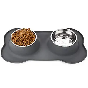 DogBuddy Dog Food Bowls, Non Slip Dog Food Tray With Stainless Steel Bowls, FDA Silicone Dog Food Mat with Removable Double Bowls, Washable Pet Food Mat, Waterproof Pet Dog Feeding Mat (Large, Shadow)