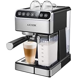 Aicook Machine à Café Automatique,15 Bar Cafetiere Expresso avec Écran Tactile LCD et Mousseur à Lait Inox, Cappuccino et latte, Fonction Auto-nettoyage, 1.8L Amovible Réservoir D'eau, 1350W