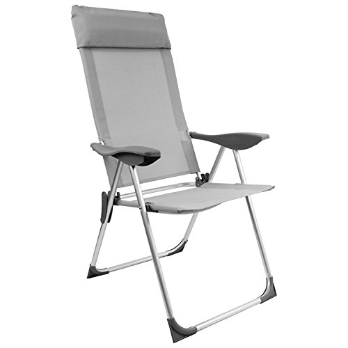 Lagerräumung! Campingstuhl mit Kopfpolster, 2x1 Textilenbespannung, Lehne um 5 Positionen verstellbar, klappbar, Silber/Grau, Hochlehner Positionsstuhl Klappstuhl Gartenstuhl