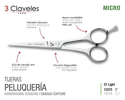 3 Claveles 12575 Hairdressing Professional Scissors in Forged Stainless Steel, MICRO ST Light Series 5"