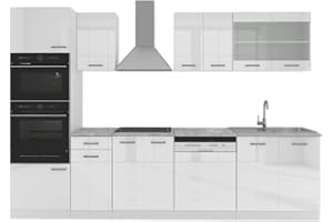 Vicco cucina componibile R-line, Bianco lucido/bianco, 300 cm con armadio alto, senza piano di lavoro