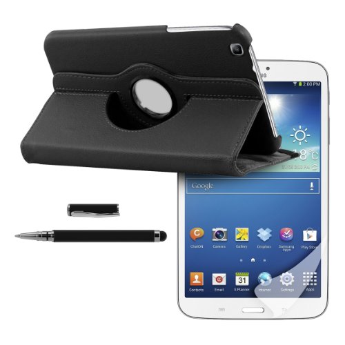 3in1 Set: kwmobile Hülle für Samsung Galaxy Tab 3 8.0 T3100 - 360° Standfunktion Case Tablet Schutzhülle Kunstleder - Smart Cover Tabletcase Schwarz + Folie, kristallklar + Stylus, schwarz