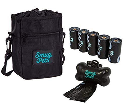 SmugPets - Bolso para recompensas caninas - con 75 Bolsas para excrementos y dispensador - Negro