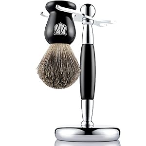 Miusco Natural Badger Hair Shaving Brush and Shaving Stand Set, Chrome Stand, Wooden Brush, Compatible with Safety Razor…