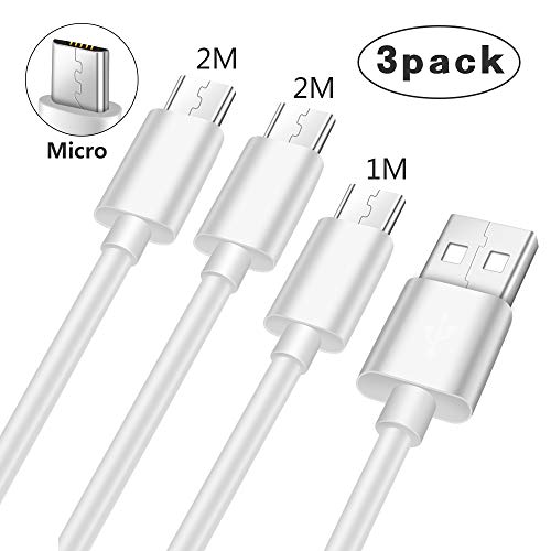Cable Micro USB 1M 2M Cable Samsung S7 S6 Edge Charge Rapide Cable-Chargeur Huawei P8 Lite P9 Lite P10 Lite  Charge Synchro Ultime Rapide Cordon pour Samsung J3 J5 J7 A3 A5 2016 J3 J5 J7 2017 Honor 8 Lite 9 Lite 6C Pro 6A 6X 7X Xiaomi Redmi 5 Plus Note 5 Wiko View Wiko ufeel Wiko Lenny LG K4 K8 K10 2017 Sony Xperia E5 Z3 Z5 Lot de 3 1m 2m 2 -Blanc