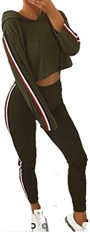 Universal Retail Trade New Womens Stripe Crop Hodie Long Sleeve Top Ladies Joggers Loungewear Tracksuit 2 Set Piece Sport Style (Khaki, L)