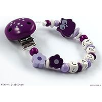 Schnullerkette mit Namen Mädchen Holz Eule Blumen - Sternenclip beere, flieder, weiß geprägte Holzbuchstaben - tolles Geschenk zur Taufe Geburt fürs Baby