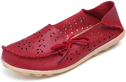 Oriskey Womens Summer Hollow Out Carving Leather Casual Loafers Flat Boat Shoes Driving Sandals Red Size 6.5