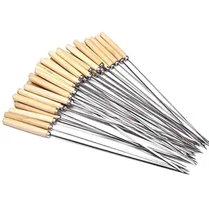 DEZIINE Barbecue Stainless Steel Skewer Stick Needle with Wooden Handle (Multicolour) -Set of 10