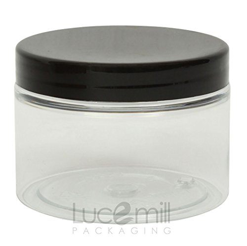 25 x 100mL CLEAR PLASTIC PET COSMETIC SQUAT JARS with BLACK SCREW LIDS for Creams/Liquids/Make Up/Travel/Oils