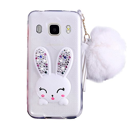 Sunroyal Lovely Ultra Thin Faltbare Cartoon Funny Smile Bunny Glitzer Bling Diamant Rabbit Ear Schutzhülle Transparent Bumper Zurück Zubehör Set Silikon Gel Hülle Rückseite für Samsung Galaxy J7 2016 mit Standfunktion Schale Handy Tasche Case , Weiß Muster Design Hülle Handy Cover Etui - 2
