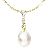 Zierlich, Zart, Zeitlos und Dezent - Elegante Goldkette mit ovalen Süßwasserperlen. Unsere Ketten mit Tropfenanhänger aus echter Zuchtperle sind aus 925er Sterlingsilber (Feingehaltstempel 925) in 18ct / 750 K Gelbgold Vergoldet und haben eine Länge von 40cm plus 5cm Verlängerungskette. Da die Halsketten nicht so lang sind, sind sie auch als Kinderkette oder Damenkette geeignet.