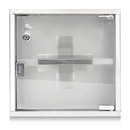 Relaxdays Medizinschrank EMERGENCY L breit aus Edelstahl und Glas H x B x T: ca. 30 x 30 x 12 cm mit abschließbarer Tür und 2 Ablagen für Medikamente und Verbandszeug Apothekerschrank fürs Bad, silber - 6