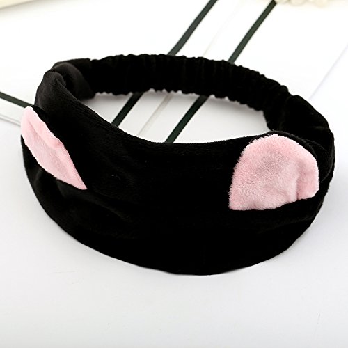 Contever® 1x Niedlich Katzenohren Stirnbänder Flannel Mädchen Turban Haarband Baden Spa Make up Haarreif Elastisch — Schwarz - 5