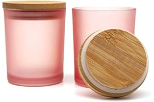 R FLORY Juego de 2 tarros de vidrio de 7 + 7 onzas con tapas de bambú, soporte para almacenamiento de hisopos de algodón (rosa esmerilado)
