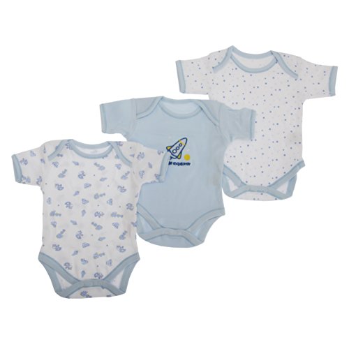 Baby Bodysuits, Baby Boys Blue Pattern Short Sleeve Bodysuit (Pack Of 3) (Height: 56-62cm Weight: 6.5kg (0-3 Months))