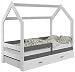 Produktbild Bett Babybett Kinderbett in Hausform Holzbett Jugendbett mit Lattenrost mit Schublade mit Matratze verschiedene Farben zur Auswahl zur Selbstmontage 80x160 D3 (Weiß/Grau/Weiß)