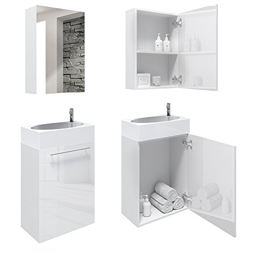 Badmöbel Set 45cm Weiß Hochglanz – MDF Waschtisch + Waschbecken + Spiegelschrank - 4
