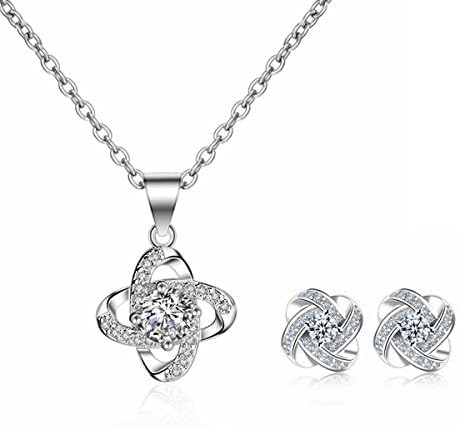 Besflily Jewellery Sets Flower Twisted Windmill Shape Cubic Zirconia Crystal Pendant Necklace and Stud Earring Sets Gift for Women Girls