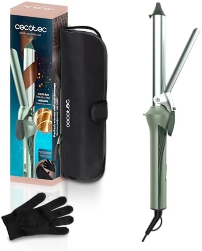 Cecotec Arricciacapelli con Pinza 25 mm SurfCare CurlClip Olive. Ceramica, Keratina e Olio Di Argan, Riscaldamento Rapido, 5 Temperature, Guanto e Pochette Termica, Ricci Elastici