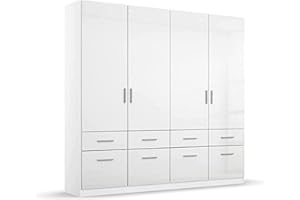‎RAUCH MÖBEL Rauch Möbel Celle Schrank Drehtürenschrank in Weiß / Hochglanz Weiß, 4-türig mit 8 Schubladen, inkl. Zubehörpaket Basic 1 Kleiderstange 2 Einlegeöden, BxHxT 181x197x54 cm