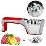 Ninonly Aiguiseur de Couteaux Professionnel Manuel Couteau de Cuisine 4-en-1 Revêtement Diamant en Acier Couteaux et Ciseaux d'affûtage Système, Fond Antidérapant à Aiguiser Couteau Rouge