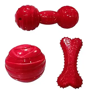Woofy Dog Rubber Chew Toy Combo (Red Bone + Ball + Red Dumbell) - Color May Vary