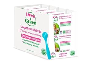 L'ESSENTIEL Love & Green -Apprentissage Propreté- Pack De 55 Lingettes toilettes écologiques - Lot De 10 + 1 Cuillère Offerte Couleur Aléatoire