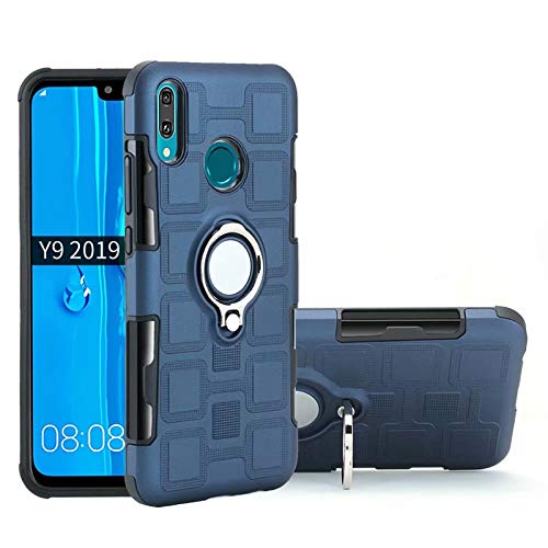 JINXIUCASE Mobile Phone Case Cover, Armor Dual Layer 2 in 1 Protection Case with Rotating Finger Ring Holder Kickstand Fit Magnetic Car Mount for Huawei Y9 (2019)/Enjoy 9 Plus (Color : Navy)