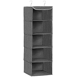 SONGMICS Étagère à Suspendre, Rangement Suspendu, Organisateur de Vêtements, en Tissu, 5 Compartiments, Pliable, Crochets Métalliques, Renfort Intérieur en Bambou, Motif Façon Lin, Gris RYCH06G