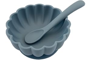 Alimos Scalloped Edge Silicone Baby Weaning Bowl and Spoon Set BPA-Free Baby Led Weaning Suction Base Baby Bowl (Navy Blue)