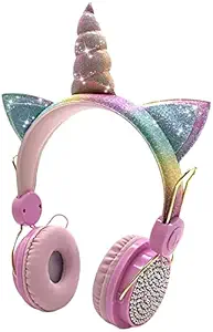 Saanvi collection Wireless Bluetooth Headphones with Microphone for School,Giant Unicorn Gifts for Girls Children Birthday, On Over Ear Wired Headset with HD Sound/Kindle/Tablet (Pink)