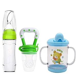 Manan Shopee Baby Cerelac Rice Paste Food Feeder with Baby Fruit Nibbler & Spout Sipper (Combo) (Green/Green/Blue)