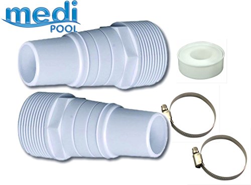 mediPOOL Set - Schlauchtülle, Pumpenanschluss, 32/38 mit 1 1/2" Außengewinde - 2 Stück, Schlauchbinder, Schlauchschellen Edelstahl V2A für Schlauch Ø 32 + 38mm - 2 Stk, Teflonband 12m Länge 12mm breit - 1 Stück