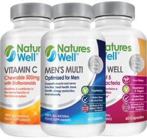 Men’s Travellers & Pilgrims Bundle, 100% Halal Certified & Kosher, Potent & Premium Quality Supplements, Men’s Multi Vitamin, Biotic Well (Probiotic), Vitamin C 500mg all 60 Supply, Optimised Vegetarian Supplements by Natures Well