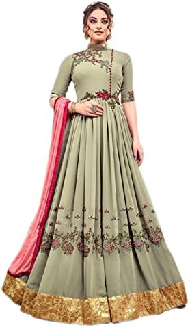 Shoppingover Indian Ethnic Designer Pakistani Anarkali Bridal Dress For Girl-Olive Green