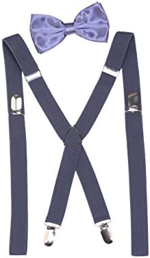 Men's X-Back Clip Suspenders Bow Ties Set for Men Tuxedo Weddings (Dark Gray)