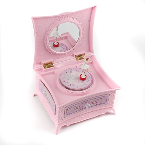 Colorful Light Jewelry Box with Mirror Rotating Ballerina Puppet Music Box Gift Pink
