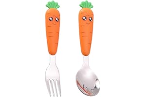 Tadipri 2PCS Forchetta Bambini Posate Svezzamento acciaio inossidabile 304Posate Bambini Acciaio Carota Cucchiaino Svezzamento Neonato Svezzamento,l'Appetito Consigliato Per i Bambini Dopo 18 Mesi