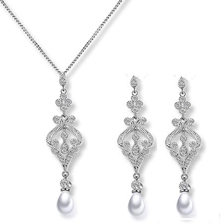 Silver Pearl Jewelry Set for Bride Long Drop Dangle Earings and Necklace Pendant with White CZ Elements Crystal Luxury Jewellery for Engagement Wedding Party