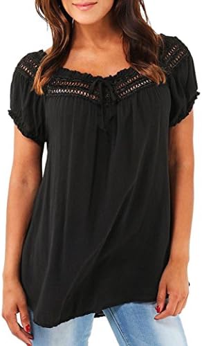 Hmeng Women Chiffon Shirts Frill Mesh Design Short Sleeve Tops Tie Neck Casual Plain Tops (L, Black)